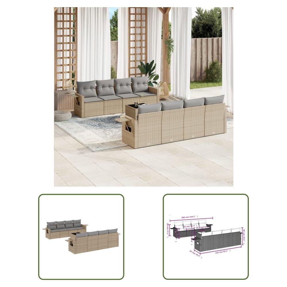 The Living Store 9-cz. zestaw mebli ogrodowych z poduszkami - beżowy - polirattan - Sofa Ogrodowa