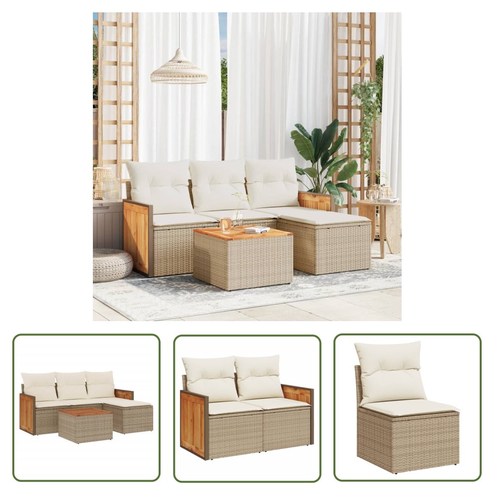 The Living Store 5-cz. zestaw mebli ogrodowych z poduszkami - beżowy - polirattan - Sofa Ogrodowa