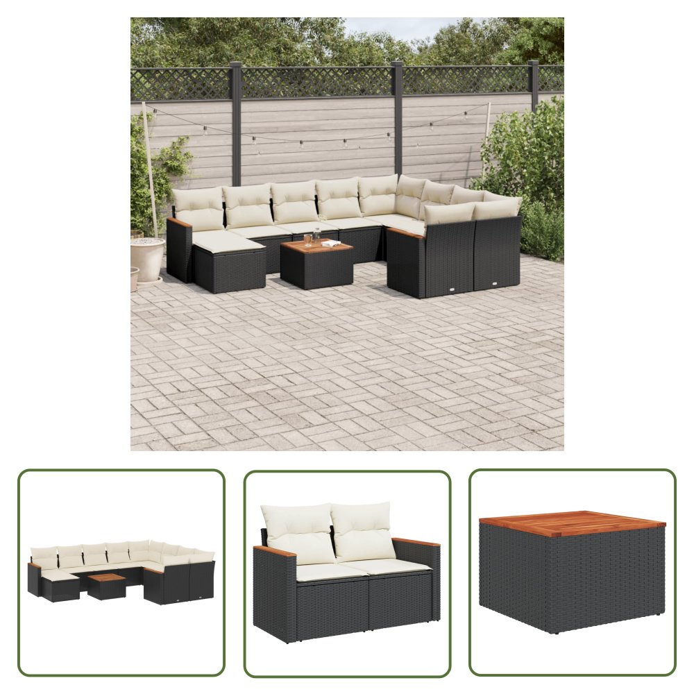 The Living Store 11-cz. zestaw wypoczynkowy do ogrodu - poduszki czarny rattan PE - Sofa Ogrodowa