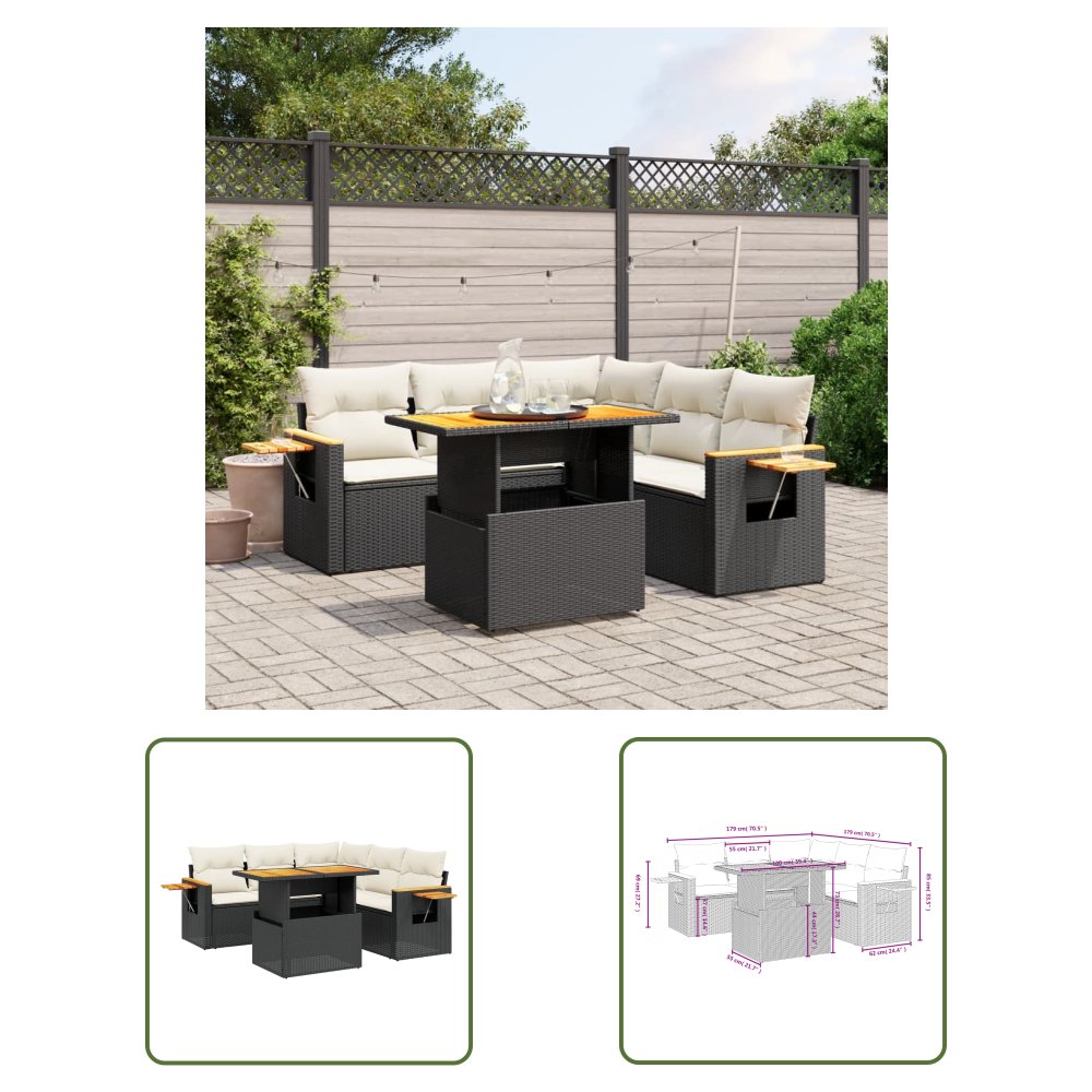 The Living Store 6-cz. zestaw mebli ogrodowych z poduszkami - czarny polirattan - Sofa Ogrodowa
