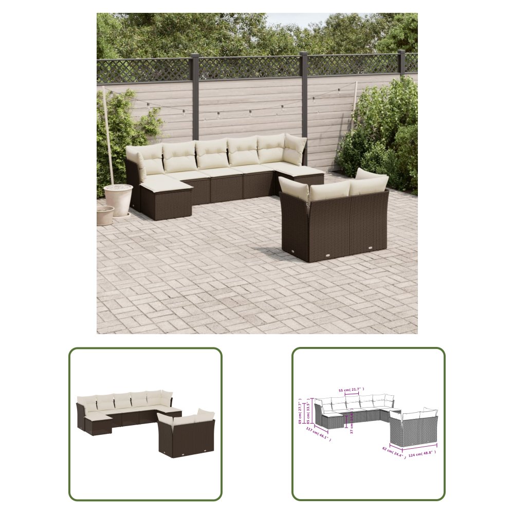 The Living Store 9-cz. zestaw mebli ogrodowych z poduszkami - brązowy - polirattan - Sofa Ogrodowa