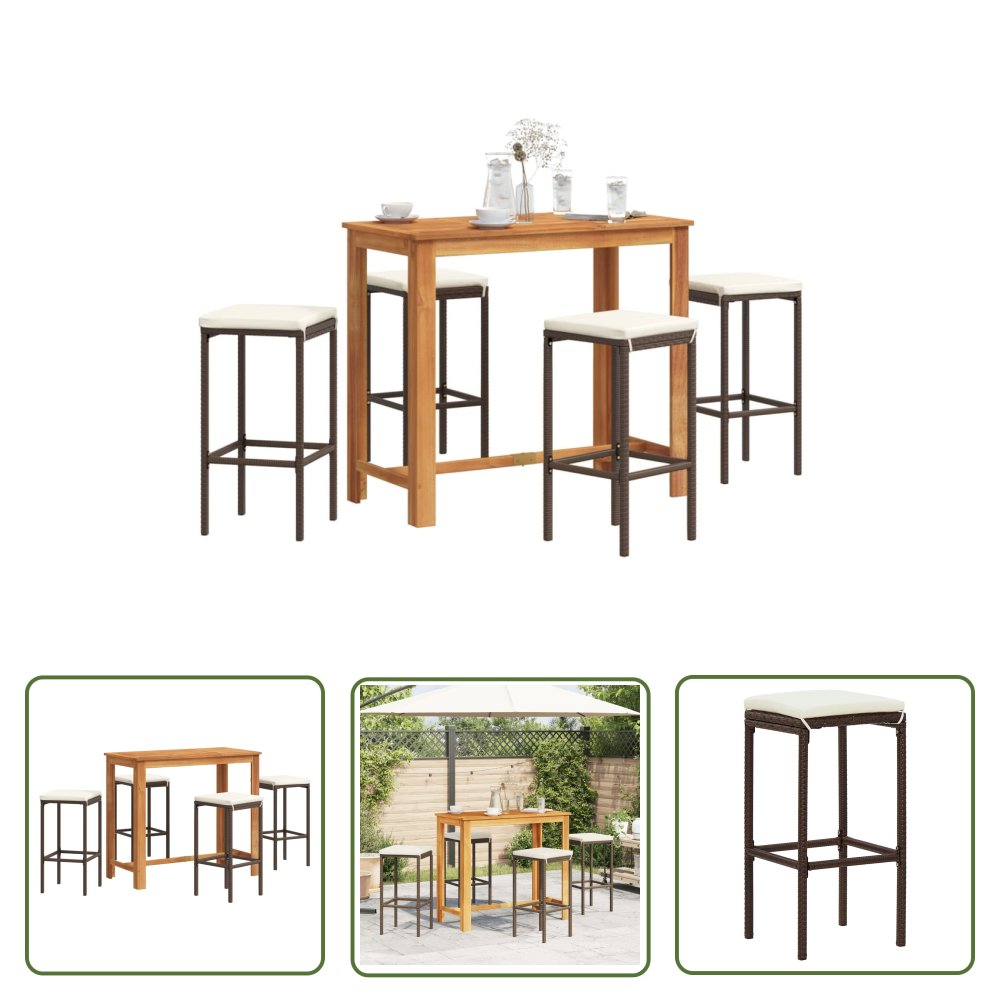 The Living Store 5-cz. zestaw mebli barowych do ogrodu - brąz - akacja i rattan PE - Zestaw Mebli Barowych