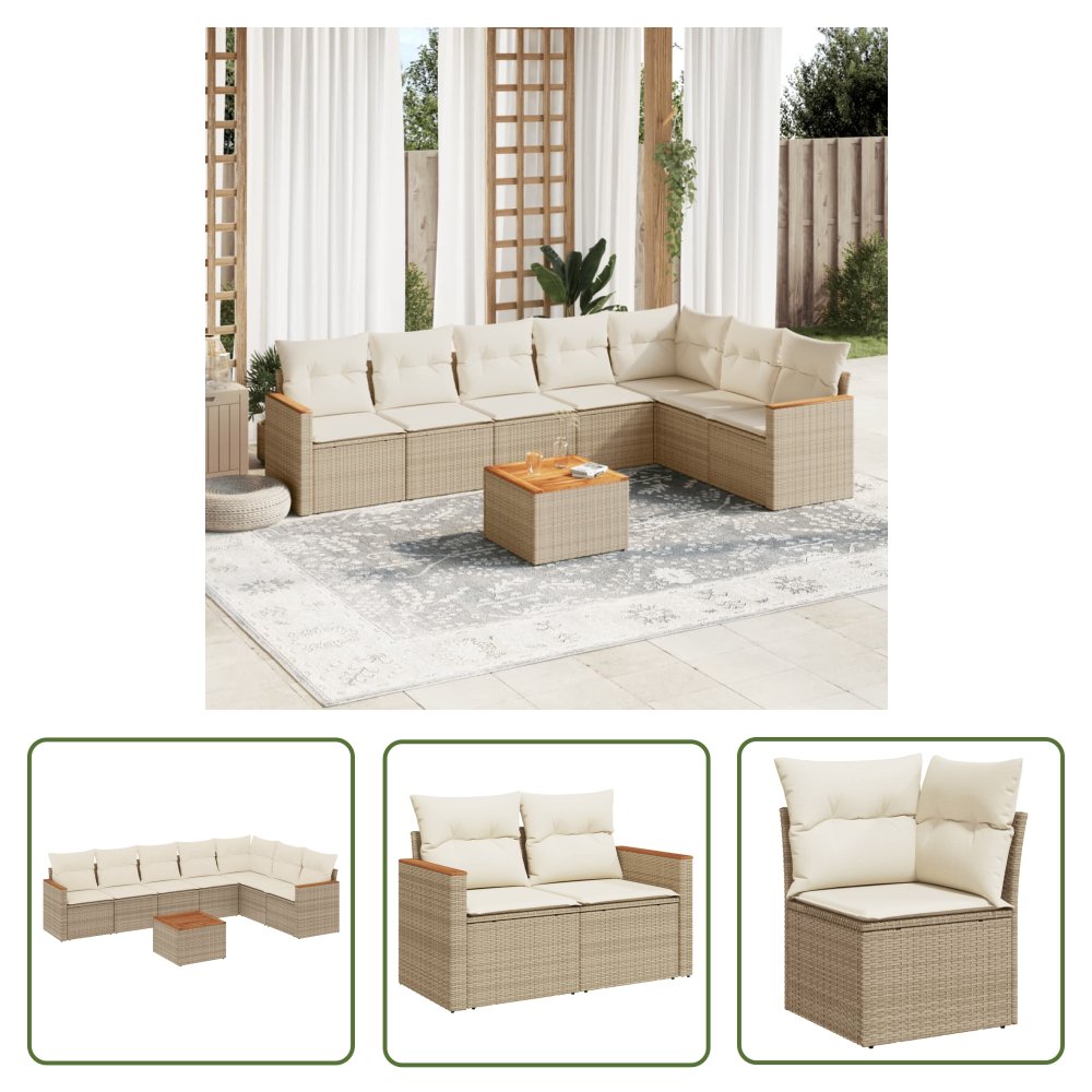 The Living Store 8-cz. zestaw mebli ogrodowych z poduszkami - beżowy - polirattan - Sofa Ogrodowa