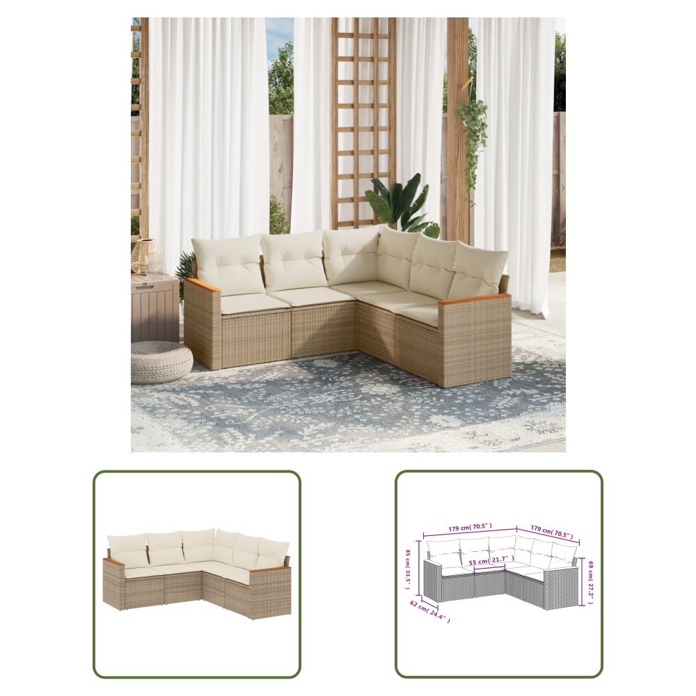 The Living Store 5-cz. zestaw mebli ogrodowych z poduszkami - beżowy - polirattan - Sofa Ogrodowa