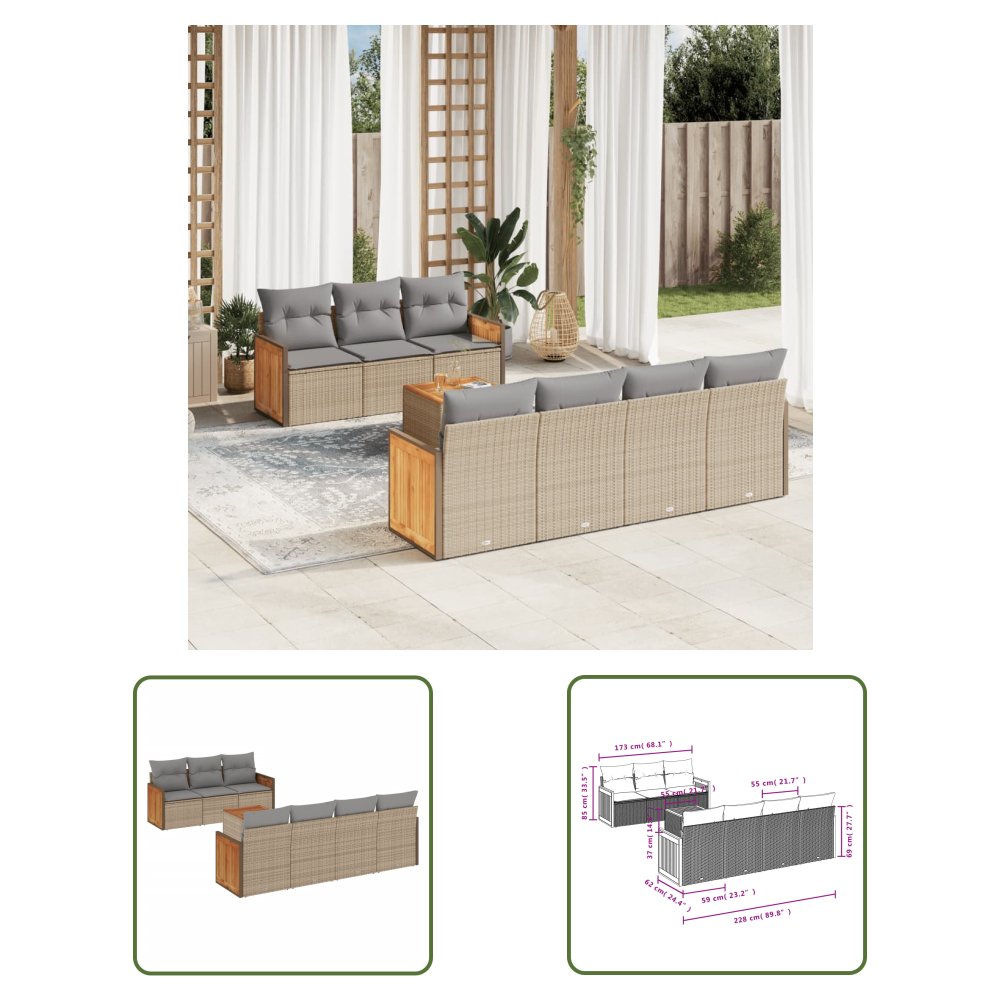 The Living Store 8-cz. zestaw mebli ogrodowych z poduszkami - beżowy - polirattan - Sofa Ogrodowa