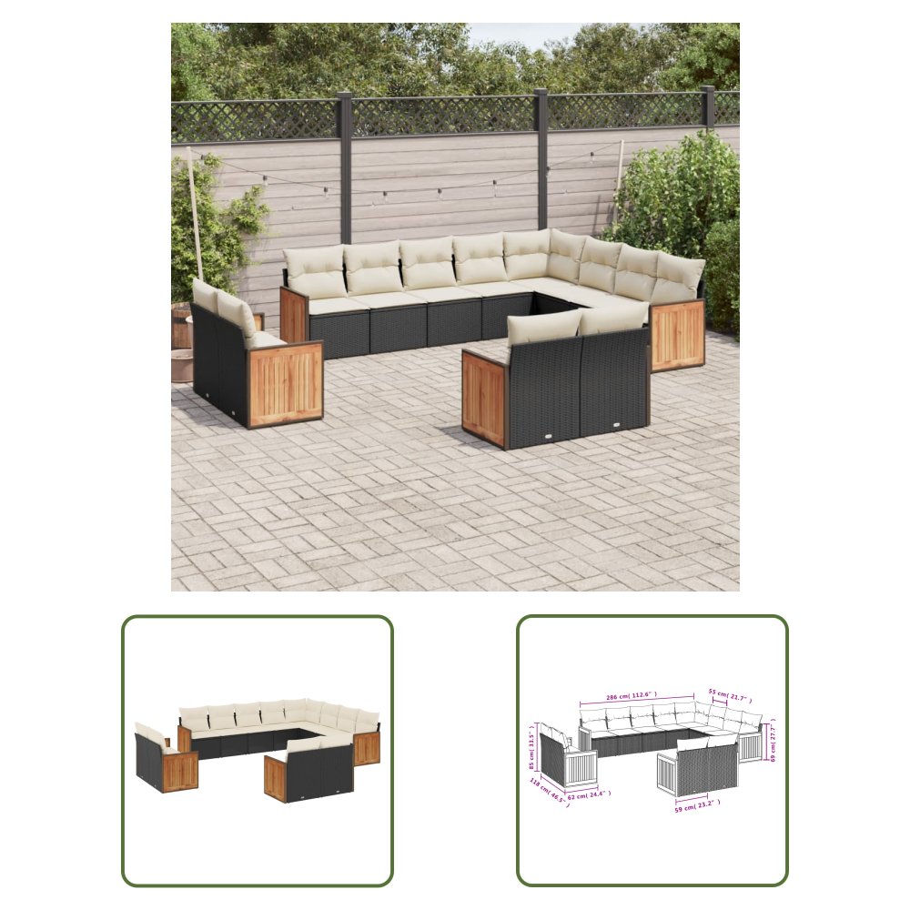 The Living Store 12-cz. zestaw mebli do ogrodu - z poduszkami - czarny - polirattan - Sofa Ogrodowa