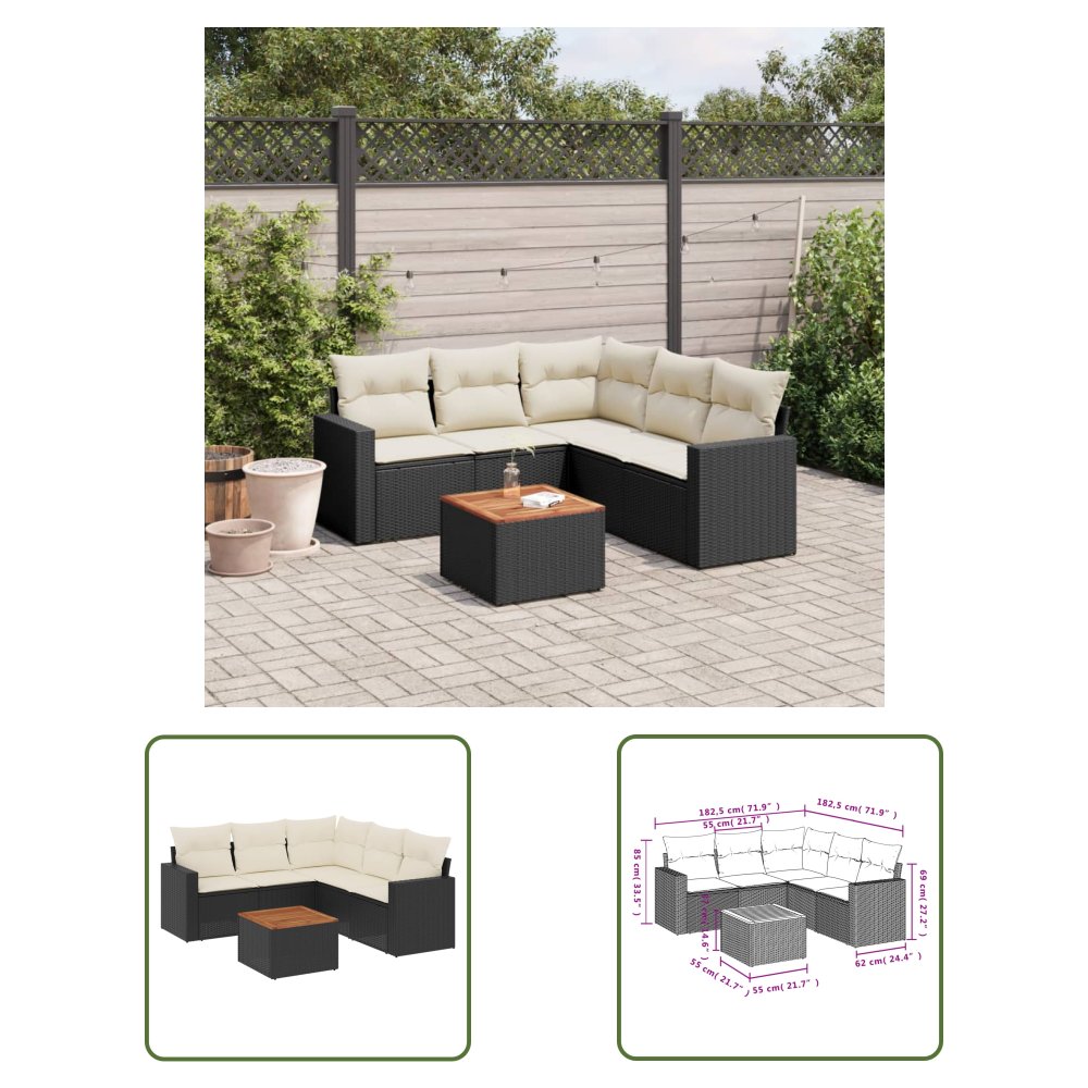 The Living Store 6-cz. zestaw mebli ogrodowych z poduszkami - czarny polirattan - Sofa Ogrodowa