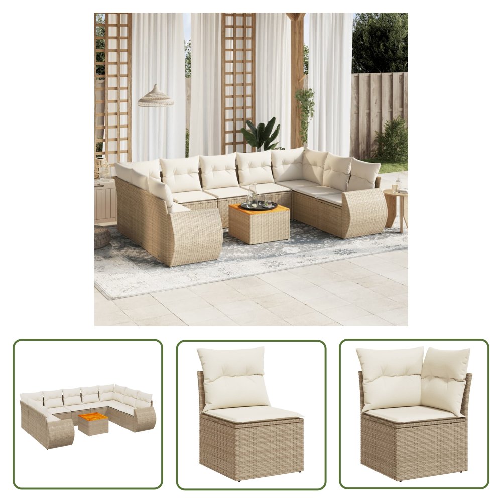 The Living Store 10-cz. zestaw mebli ogrodowych z poduszkami - beżowy - polirattan - Sofa Ogrodowa