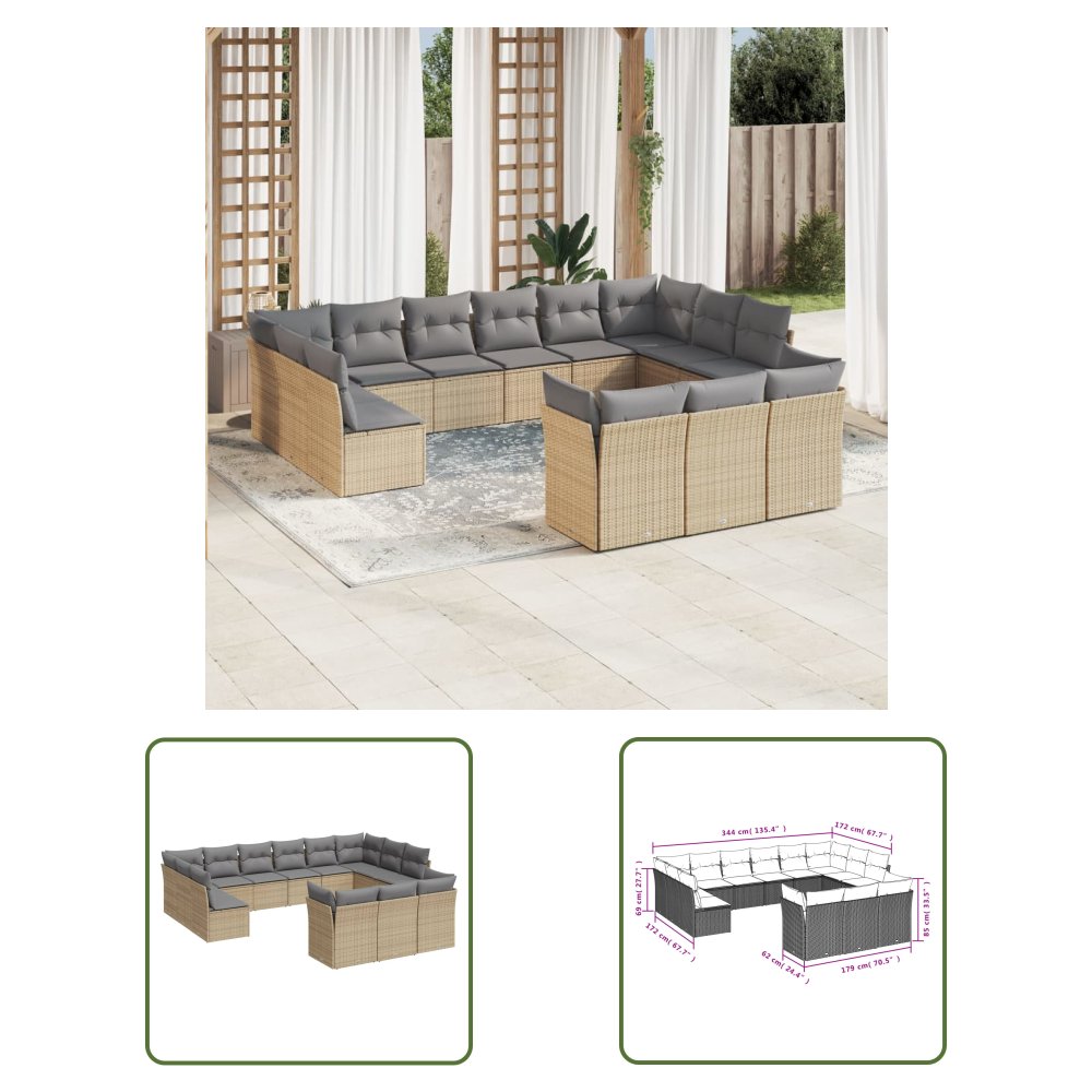 The Living Store 13-cz. zestaw mebli ogrodowych z poduszkami - beżowy - polirattan - Sofa Ogrodowa
