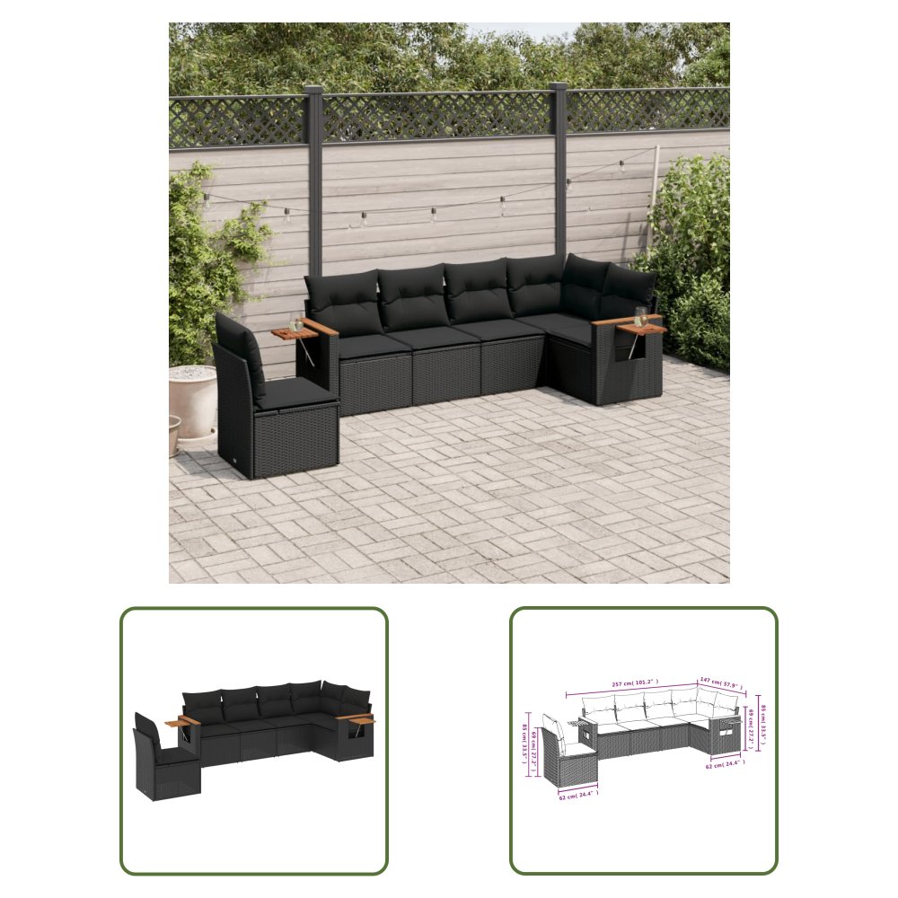 The Living Store 6-cz. zestaw mebli ogrodowych z poduszkami - czarny polirattan - Sofa Ogrodowa