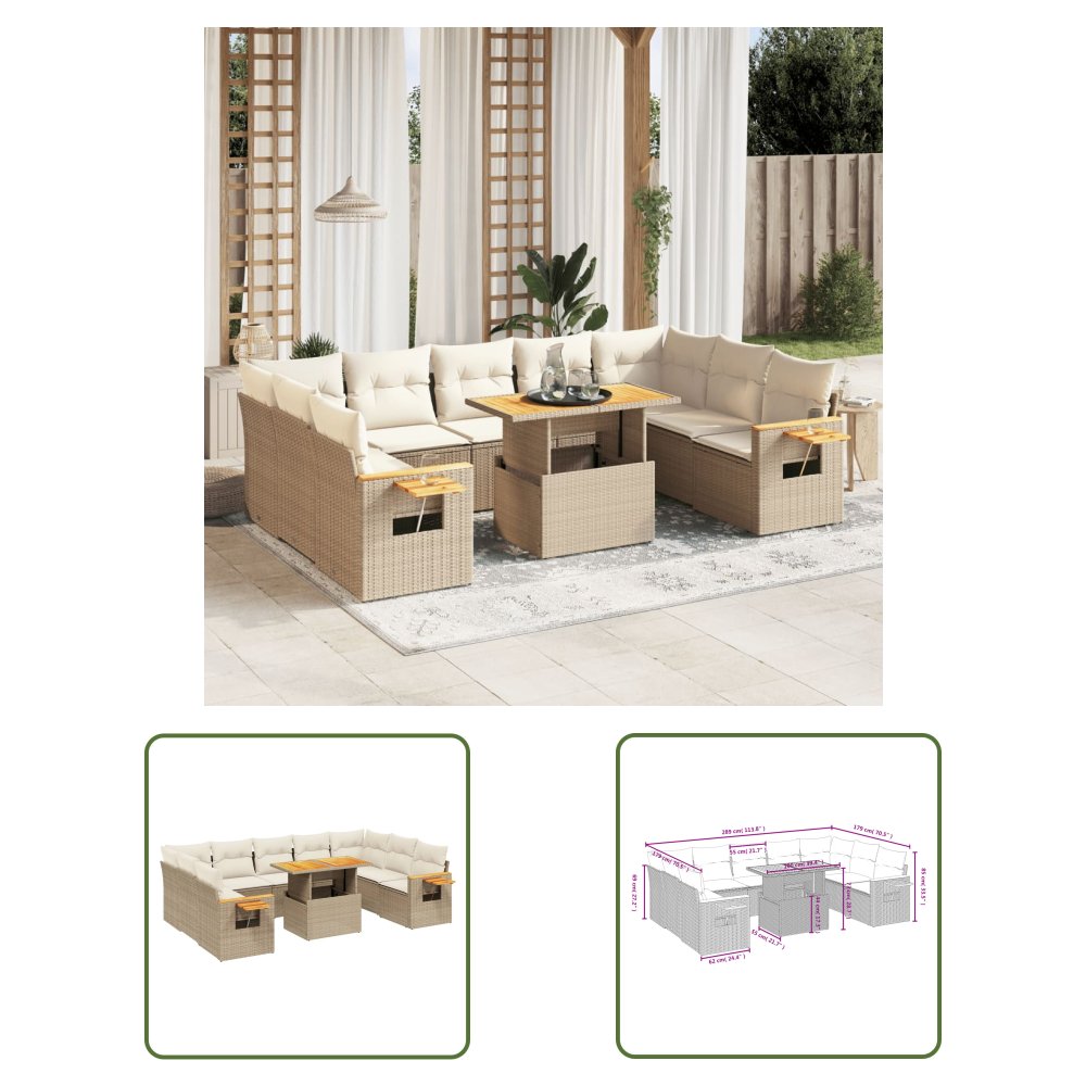 The Living Store 10-cz. zestaw mebli ogrodowych z poduszkami - beżowy - polirattan - Sofa Ogrodowa