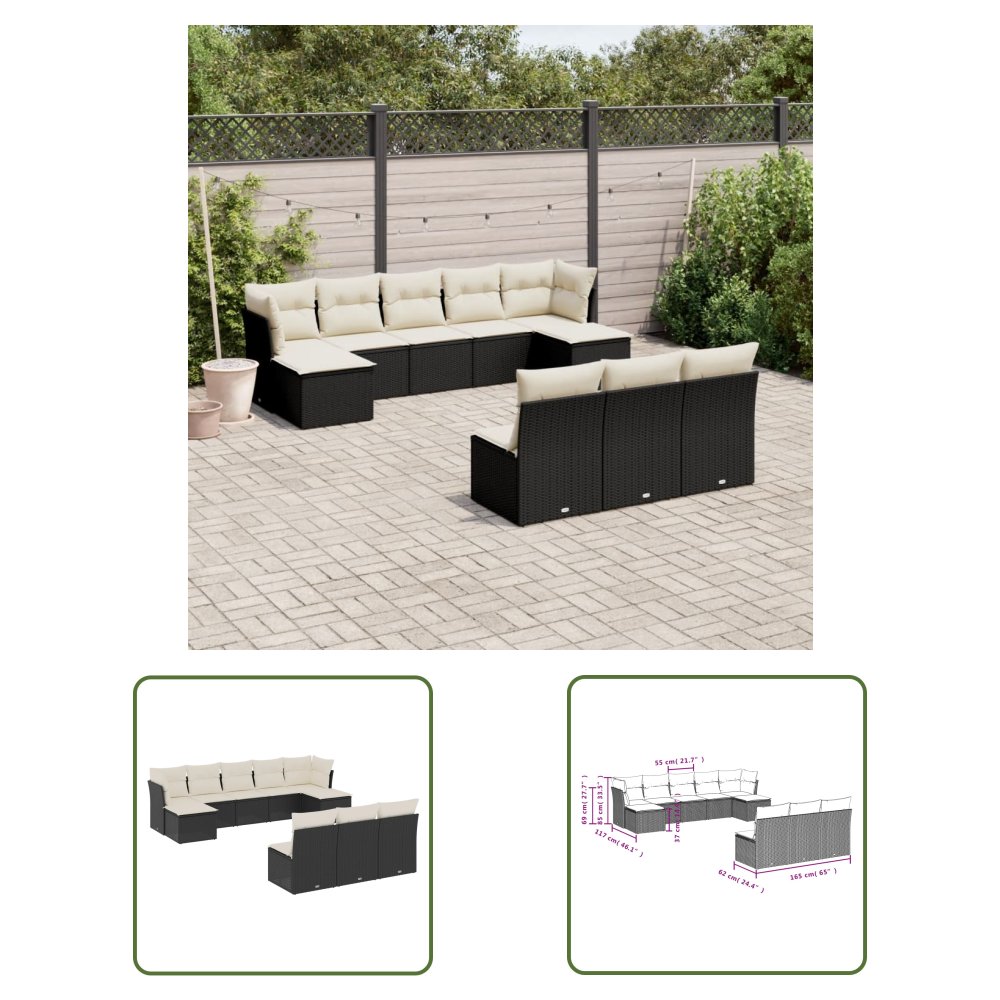 The Living Store 10-cz. zestaw wypoczynkowy do ogrodu - poduszki czarny rattan PE - Sofa Ogrodowa