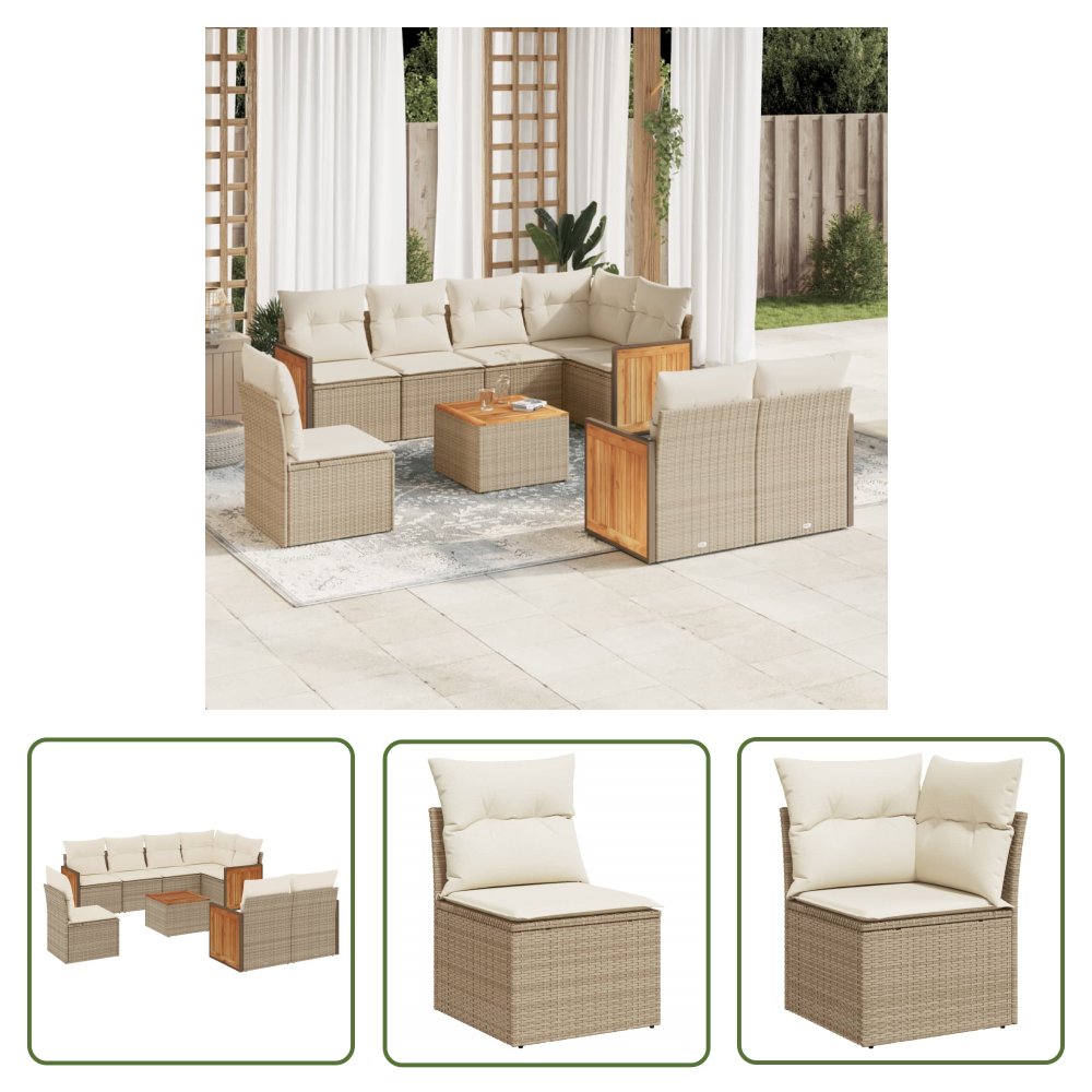 The Living Store 9-cz. zestaw mebli ogrodowych z poduszkami - beżowy - polirattan - Sofa Ogrodowa
