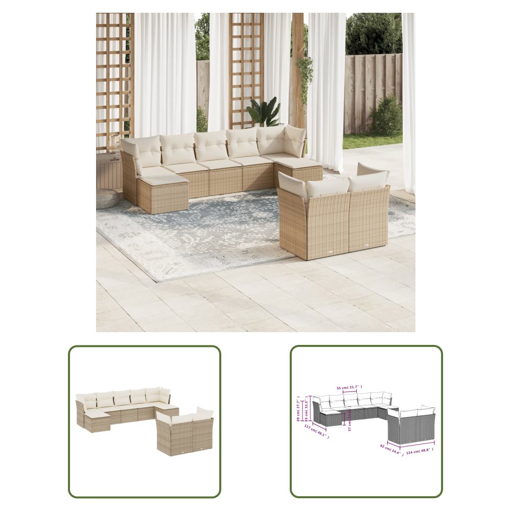 The Living Store 9-cz. zestaw mebli ogrodowych z poduszkami - beżowy - polirattan - Sofa Ogrodowa