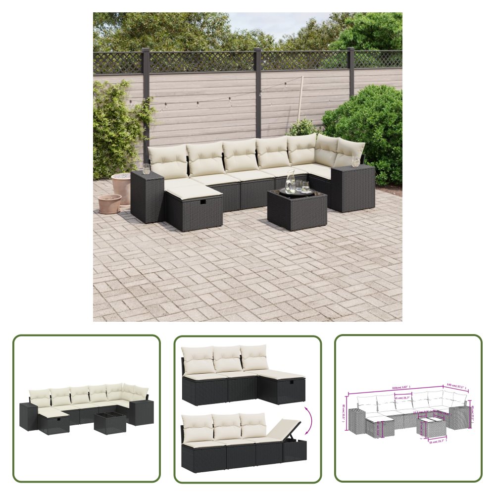 The Living Store 8-cz. zestaw wypoczynkowy do ogrodu - z poduszkami - czarny - Sofa Ogrodowa