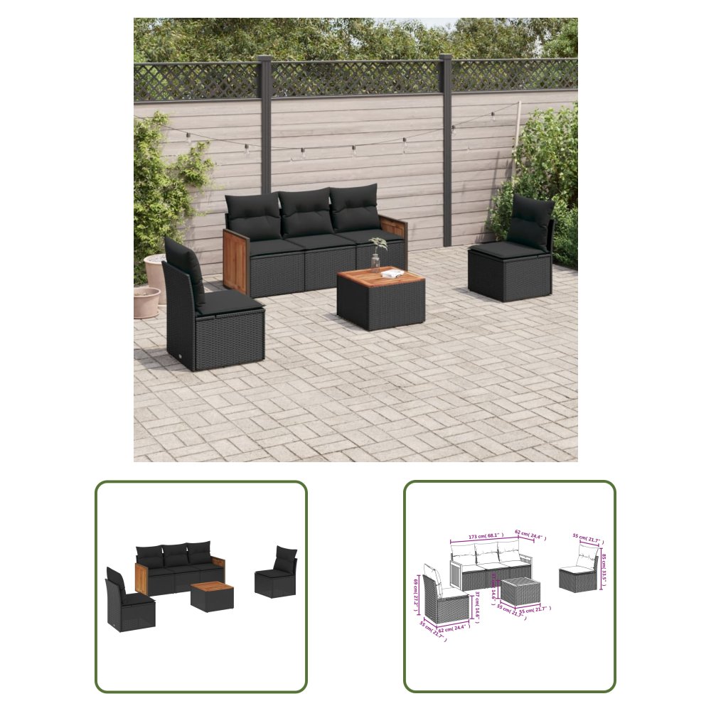 The Living Store 6-cz. zestaw mebli ogrodowych z poduszkami - czarny polirattan - Sofa Ogrodowa
