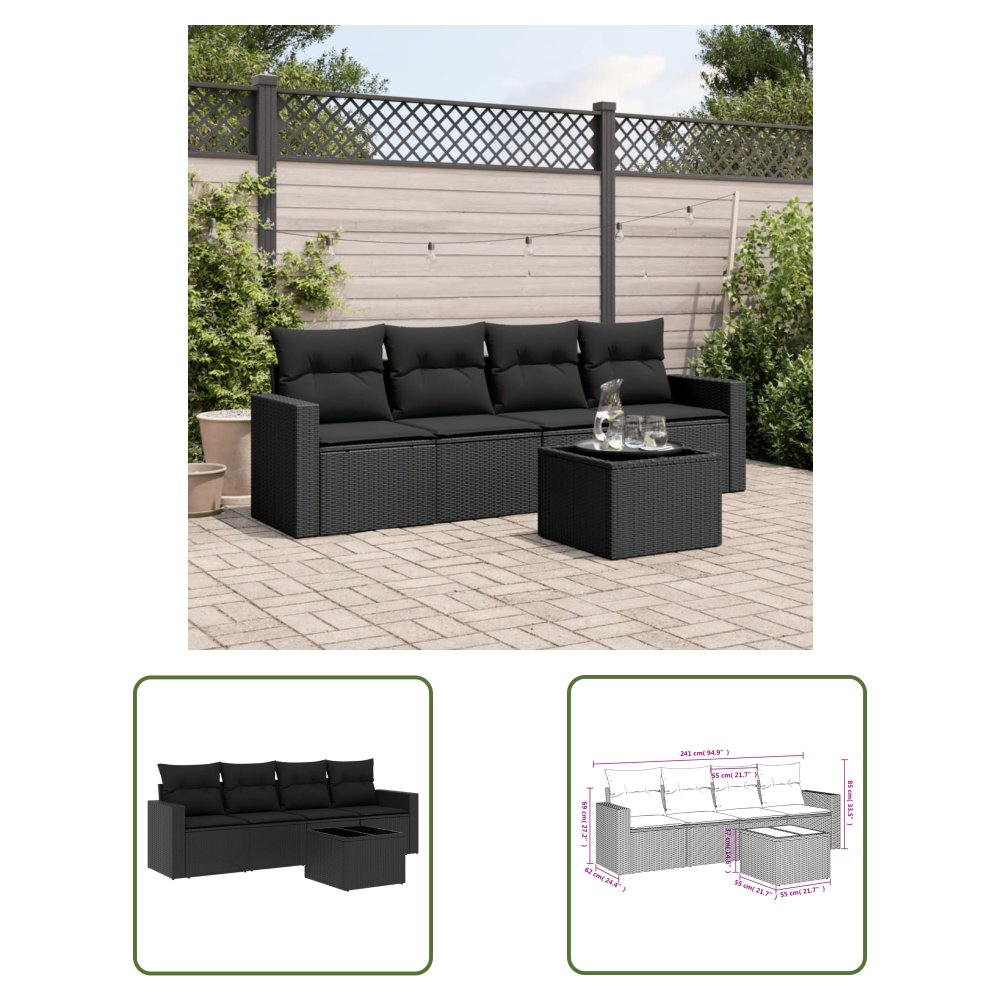 The Living Store 5-cz. zestaw wypoczynkowy do ogrodu - poduszki - czarny rattan PE - Sofa Ogrodowa