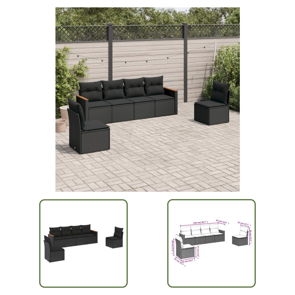 The Living Store 6-cz. zestaw mebli ogrodowych z poduszkami - czarny polirattan - Sofa Ogrodowa
