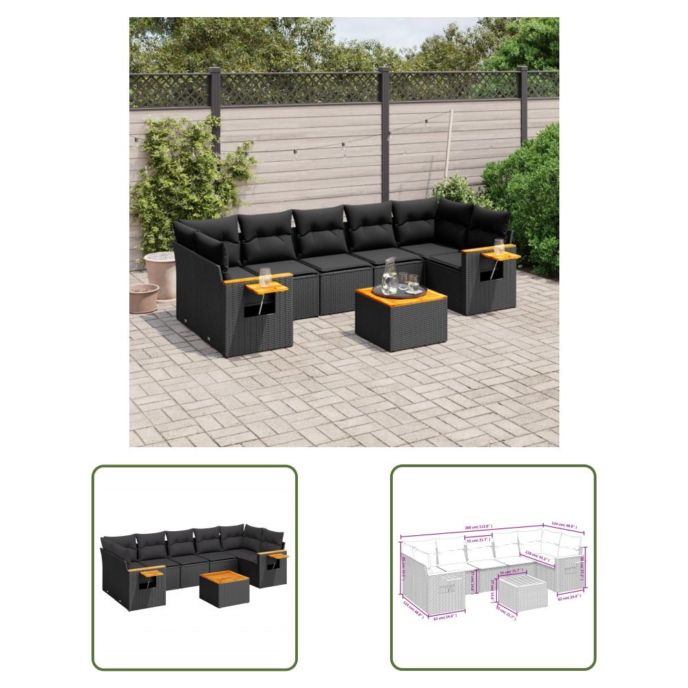 The Living Store 8-cz. zestaw wypoczynkowy do ogrodu - z poduszkami - czarny - Sofa Ogrodowa