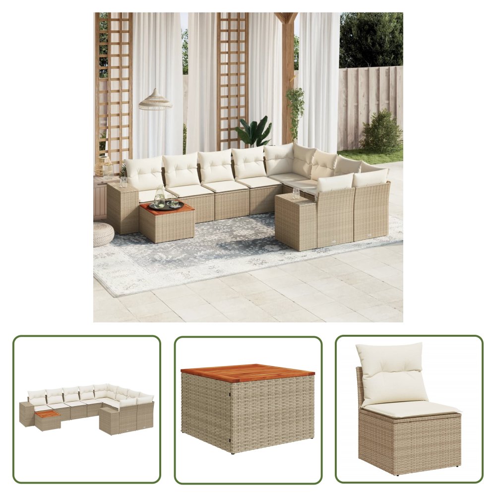 The Living Store 10-cz. zestaw mebli ogrodowych z poduszkami - beżowy - polirattan - Sofa Ogrodowa