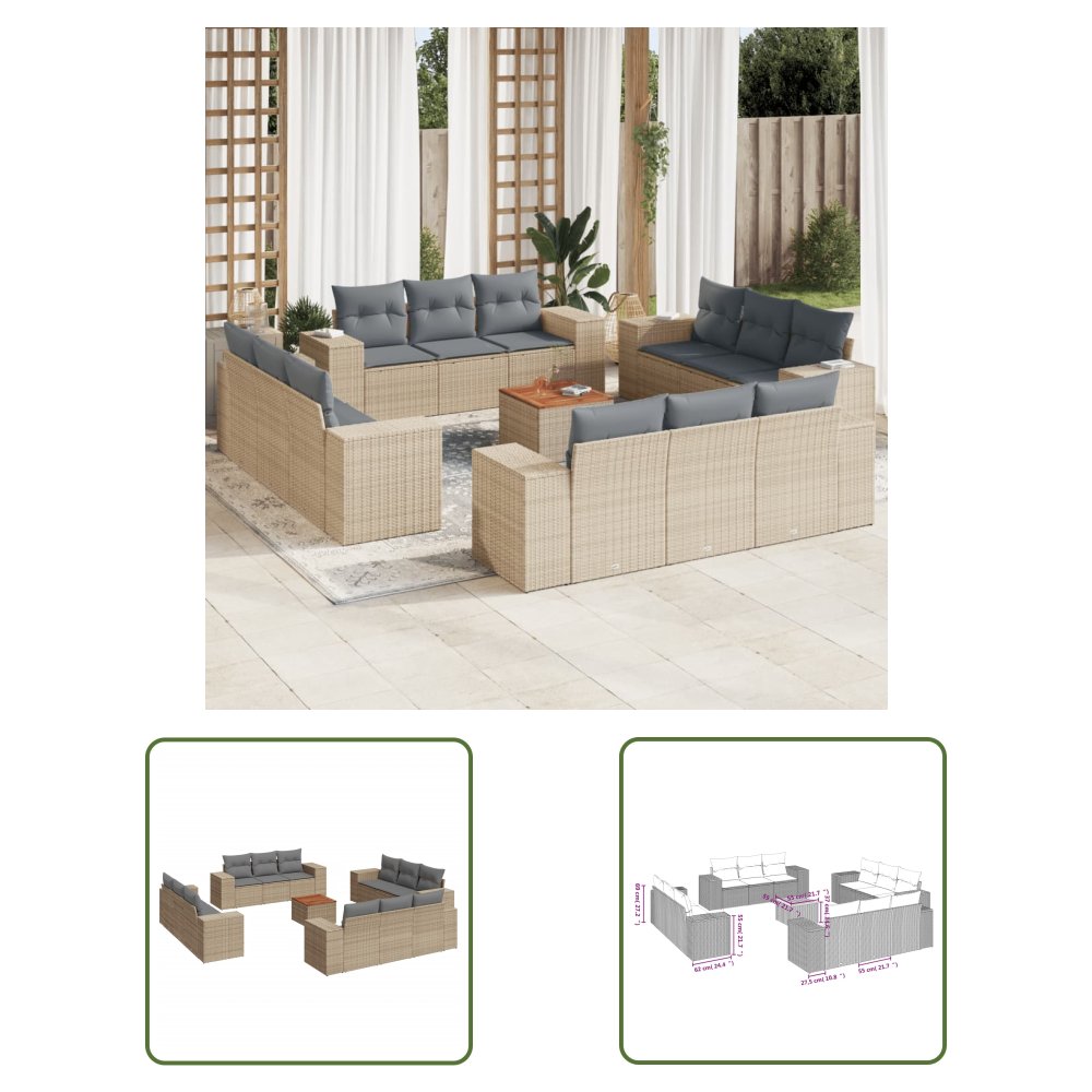 The Living Store 13-cz. zestaw mebli ogrodowych z poduszkami - beżowy - polirattan - Sofa Ogrodowa