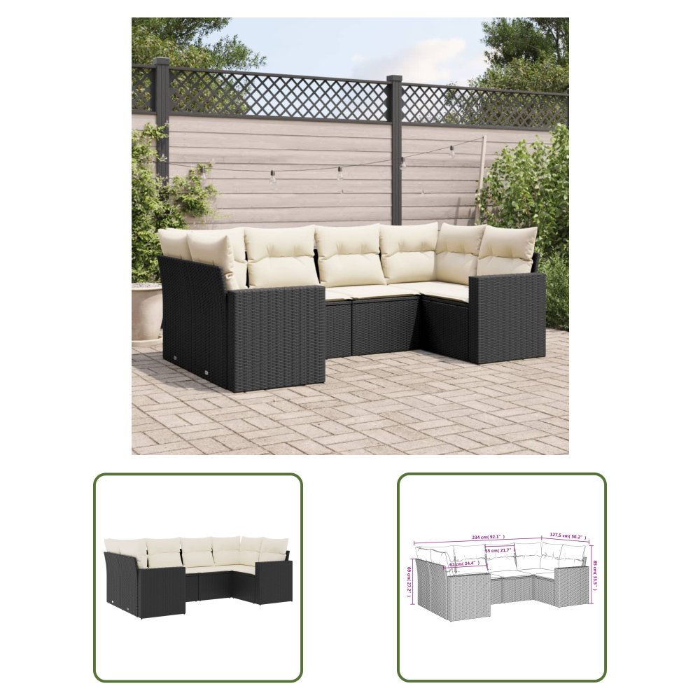 The Living Store 6-cz. zestaw mebli ogrodowych z poduszkami - czarny polirattan - Sofa Ogrodowa