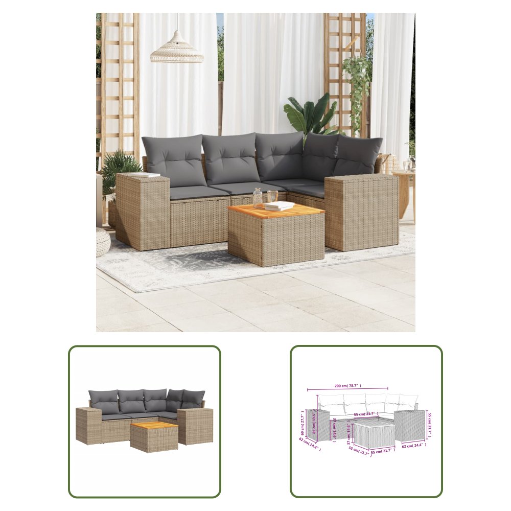 The Living Store 5-cz. zestaw mebli ogrodowych z poduszkami - beżowy - polirattan - Sofa Ogrodowa