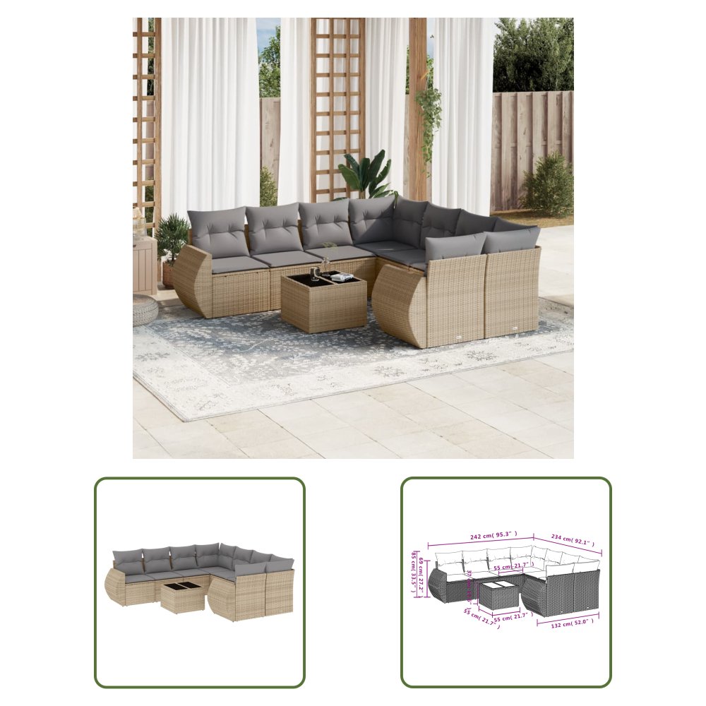 The Living Store 9-cz. zestaw mebli ogrodowych z poduszkami - beżowy - polirattan - Sofa Ogrodowa