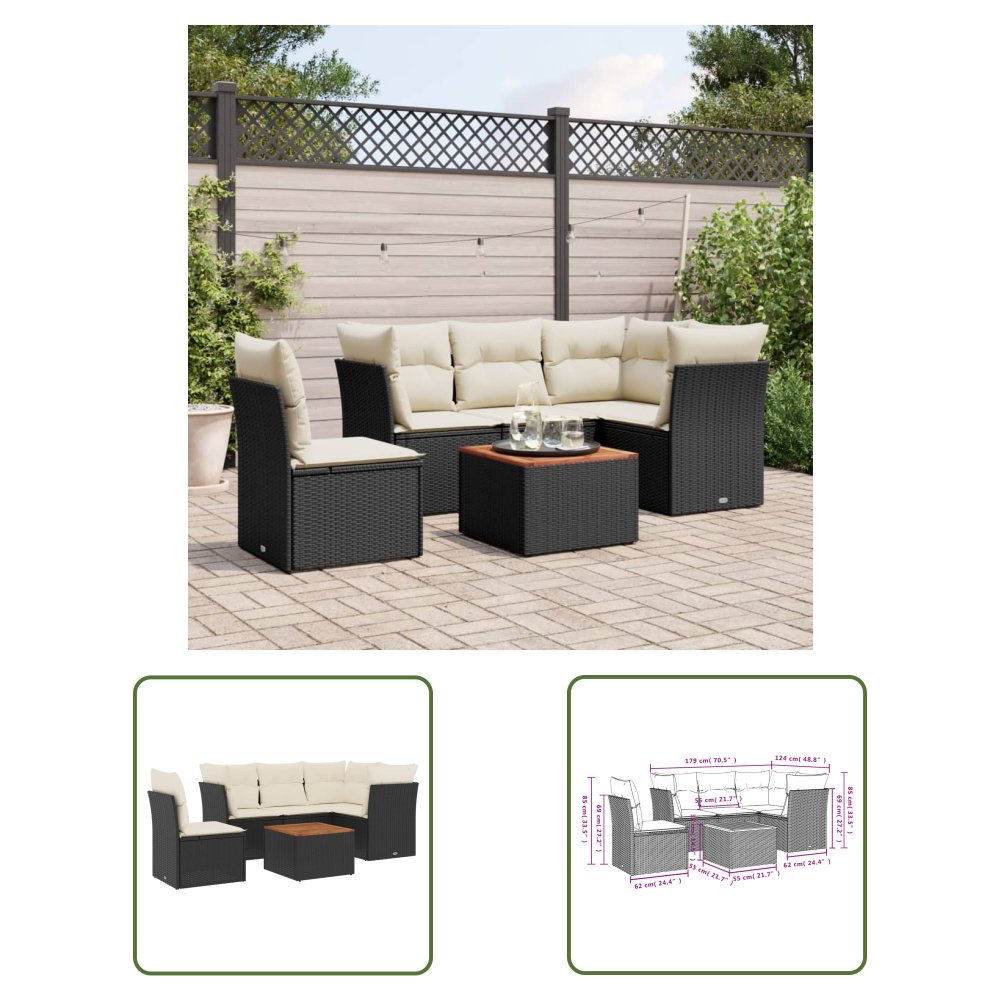 The Living Store 6-cz. zestaw mebli ogrodowych z poduszkami - czarny polirattan - Sofa Ogrodowa