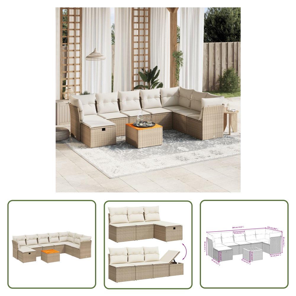 The Living Store 9-cz. zestaw mebli ogrodowych z poduszkami - beżowy - polirattan - Sofa Ogrodowa