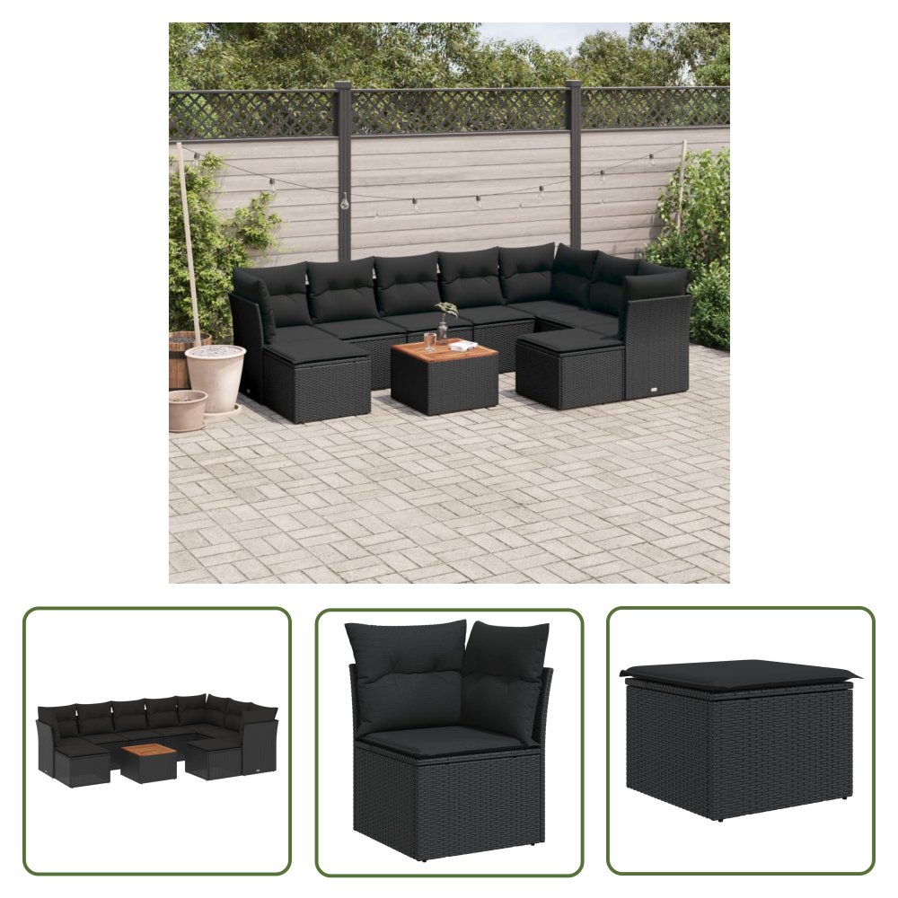 The Living Store 10-cz. zestaw wypoczynkowy do ogrodu - poduszki czarny rattan PE - Sofa Ogrodowa
