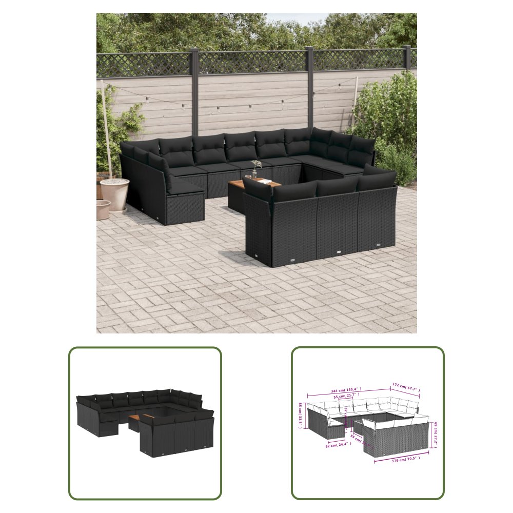 The Living Store 14-cz. zestaw wypoczynkowy do ogrodu - poduszki czarny rattan PE - Sofa Ogrodowa