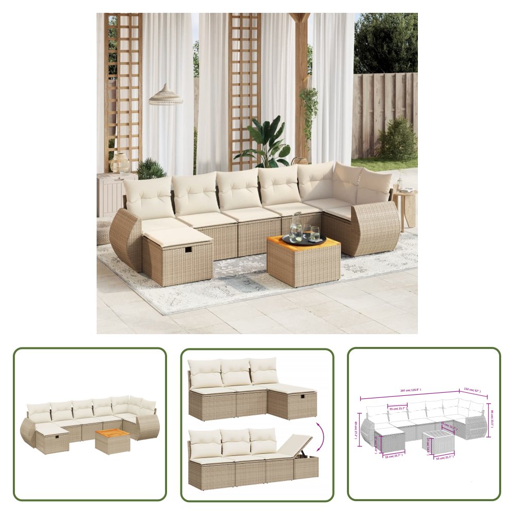 The Living Store 8-cz. zestaw mebli ogrodowych z poduszkami - beżowy - polirattan - Sofa Ogrodowa