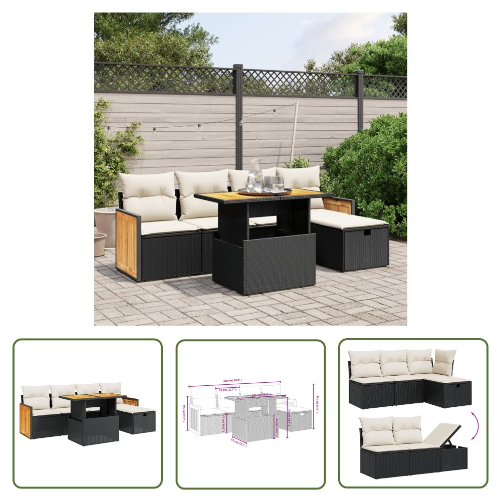 The Living Store 6-cz. zestaw mebli ogrodowych z poduszkami - czarny polirattan - Sofa Ogrodowa