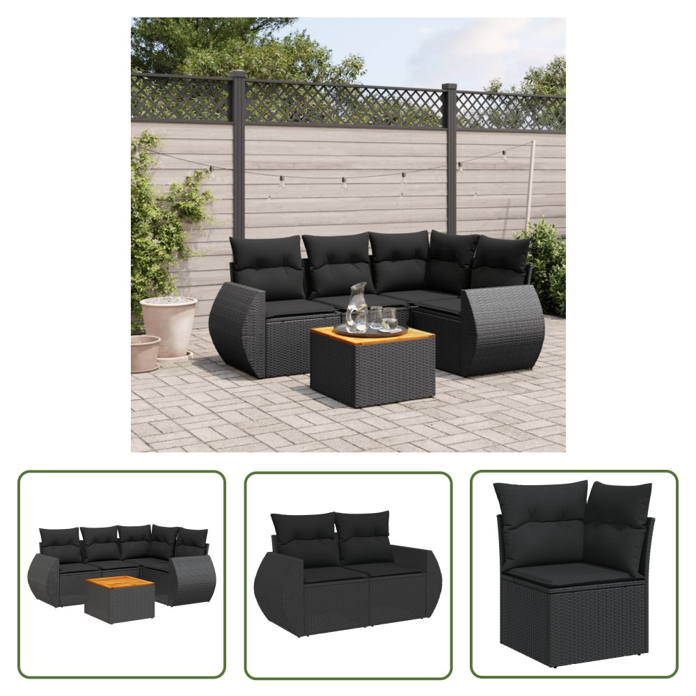 The Living Store 5-cz. zestaw wypoczynkowy do ogrodu - poduszki - czarny rattan PE - Sofa Ogrodowa