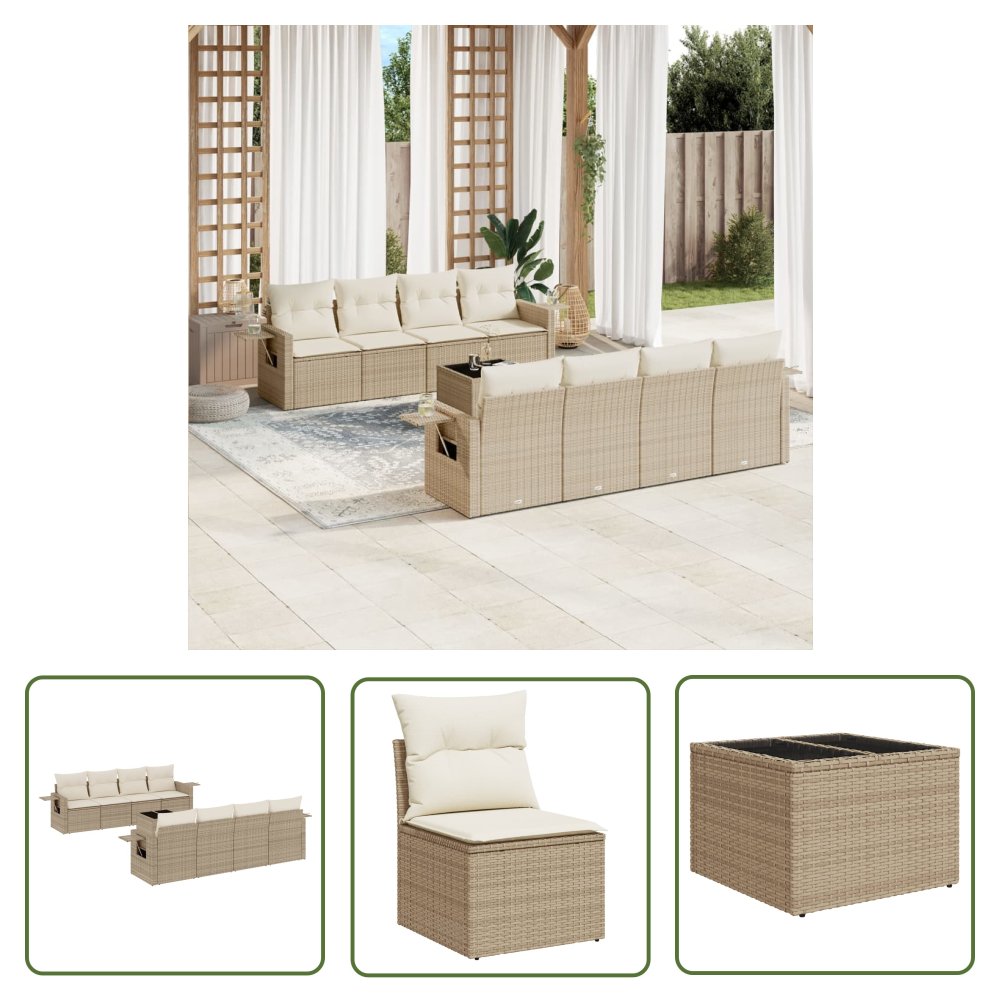 The Living Store 9-cz. zestaw mebli ogrodowych z poduszkami - beżowy - polirattan - Sofa Ogrodowa