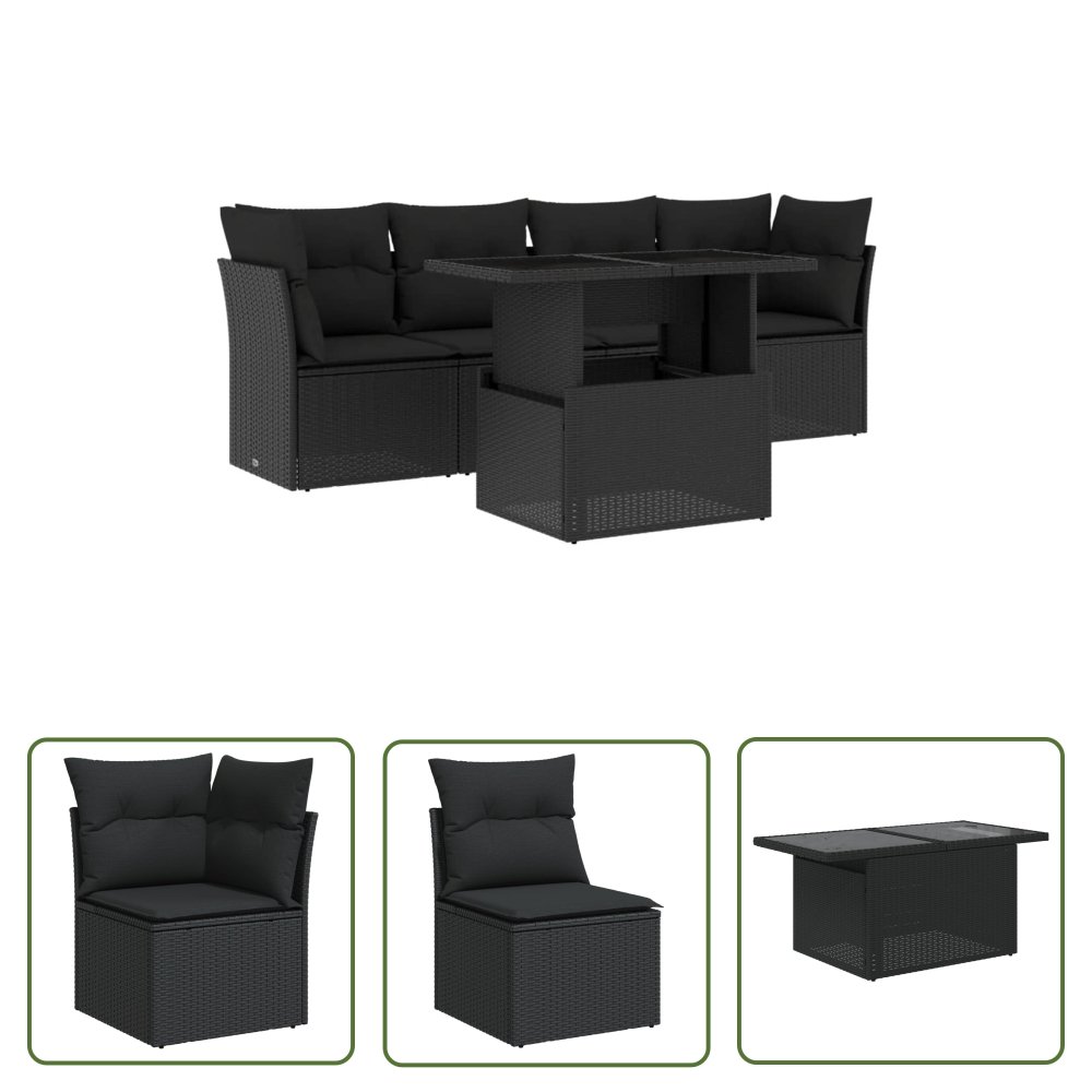 The Living Store 5-cz. zestaw wypoczynkowy do ogrodu - poduszki - czarny rattan PE - Sofa Ogrodowa