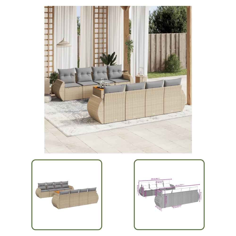 The Living Store 9-cz. zestaw mebli ogrodowych z poduszkami - beżowy - polirattan - Sofa Ogrodowa