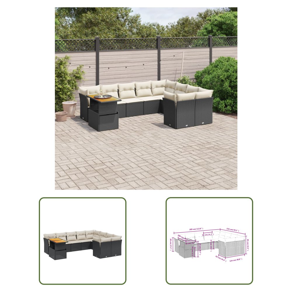 The Living Store 10-cz. zestaw wypoczynkowy do ogrodu - poduszki czarny rattan PE - Sofa Ogrodowa