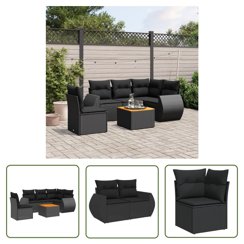 The Living Store 6-cz. zestaw mebli ogrodowych z poduszkami - czarny polirattan - Sofa Ogrodowa
