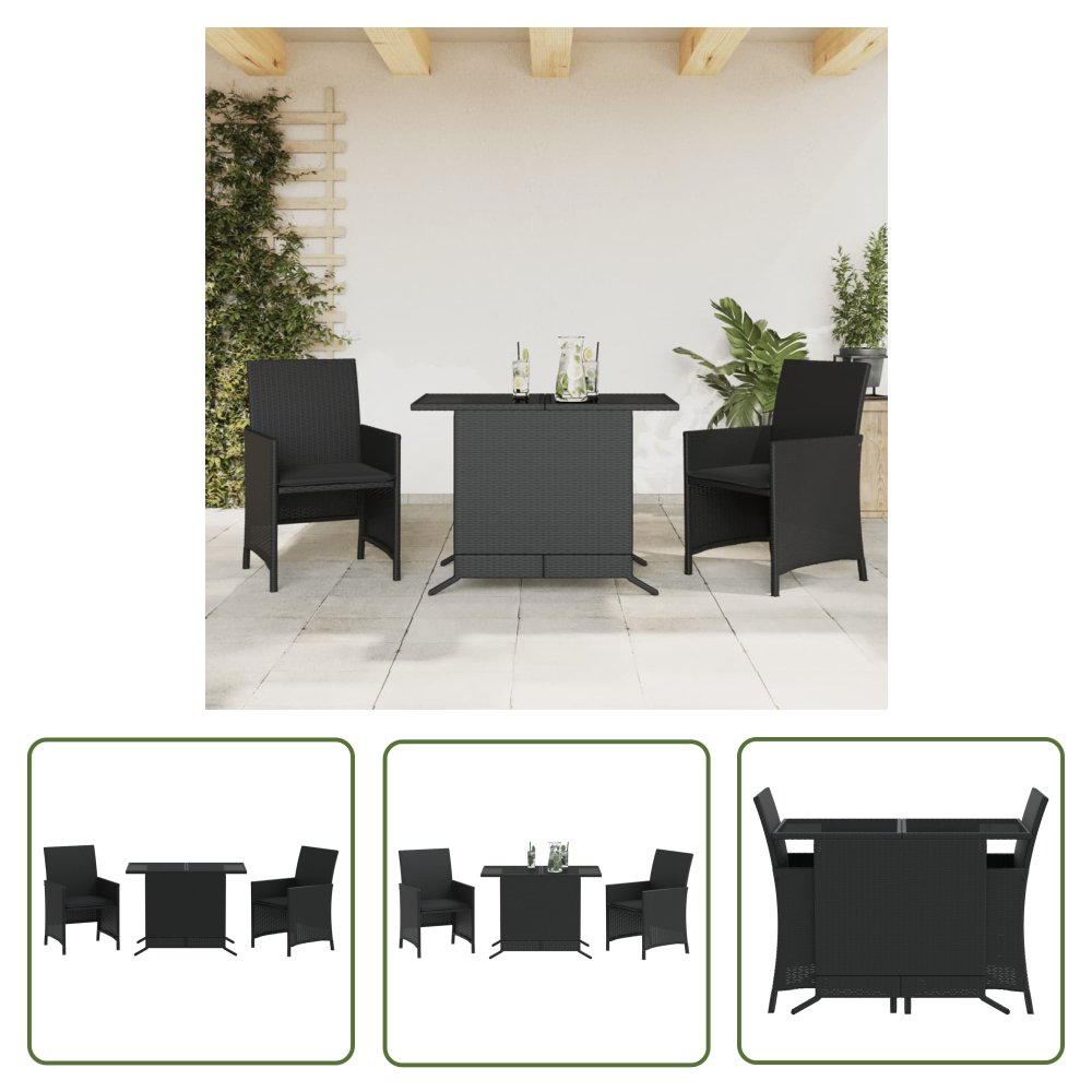 The Living Store 3-cz. zestaw mebli bistro z poduszkami - czarny - polirattan - Meble Bistro