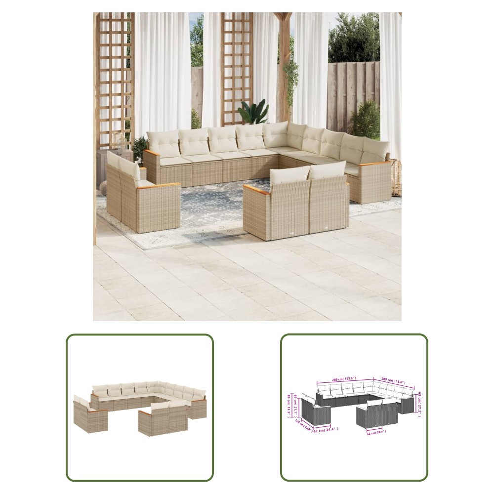 The Living Store 13-cz. zestaw mebli ogrodowych z poduszkami - beżowy - polirattan - Sofa Ogrodowa