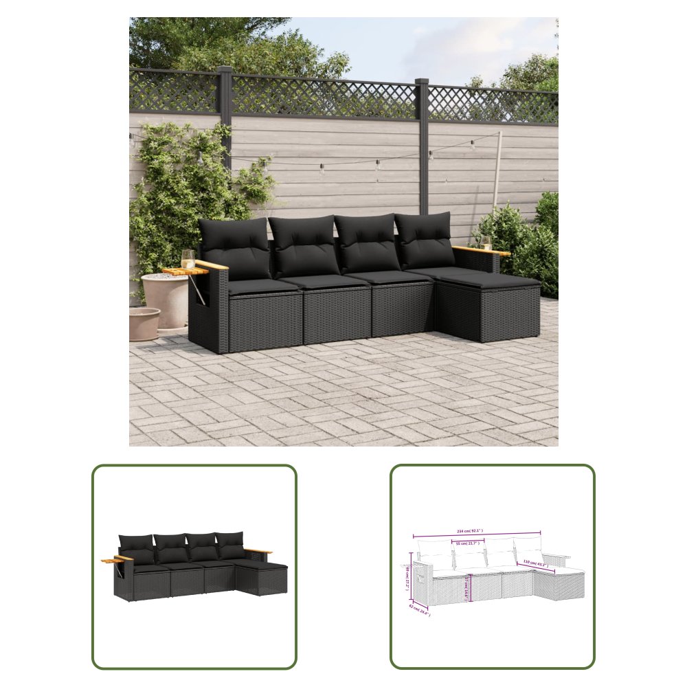 The Living Store 5-cz. zestaw wypoczynkowy do ogrodu - poduszki - czarny rattan PE - Sofa Ogrodowa