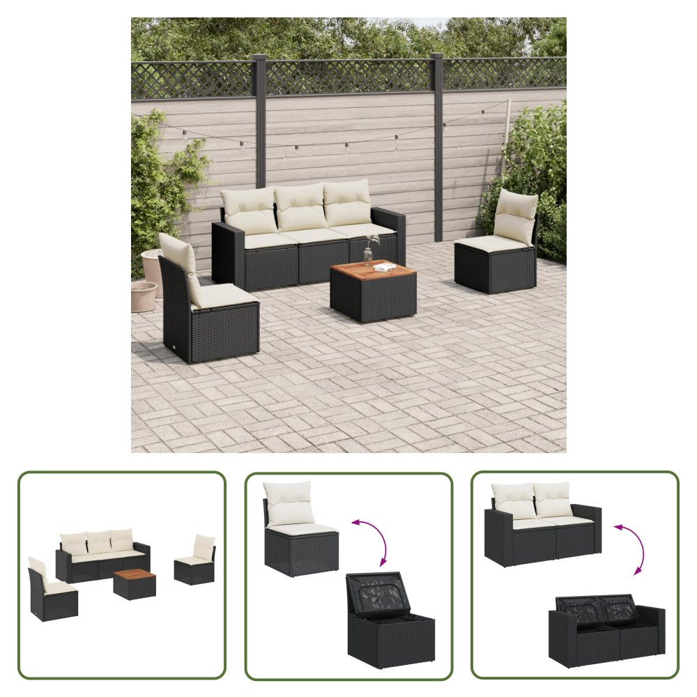 The Living Store 6-cz. zestaw mebli ogrodowych z poduszkami - czarny polirattan - Sofa Ogrodowa