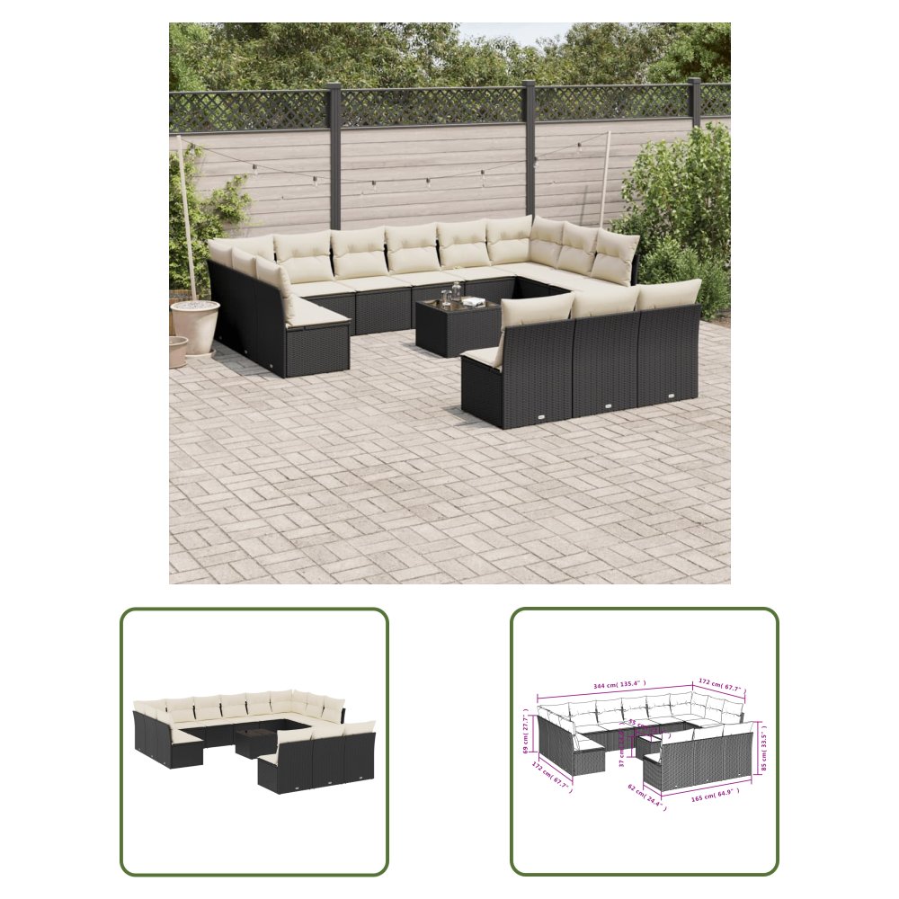 The Living Store 14-cz. zestaw wypoczynkowy do ogrodu - poduszki czarny rattan PE - Sofa Ogrodowa