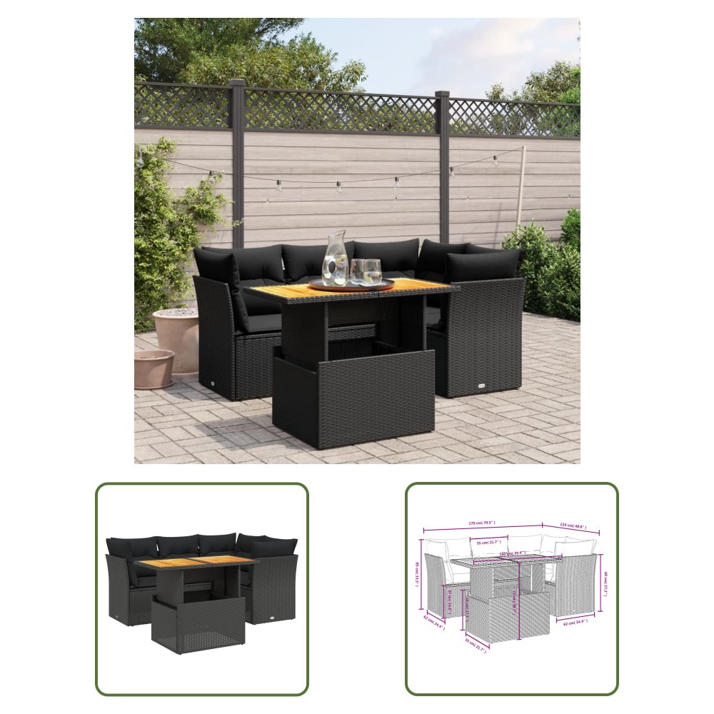 The Living Store 5-cz. zestaw wypoczynkowy do ogrodu - poduszki - czarny rattan PE - Sofa Ogrodowa