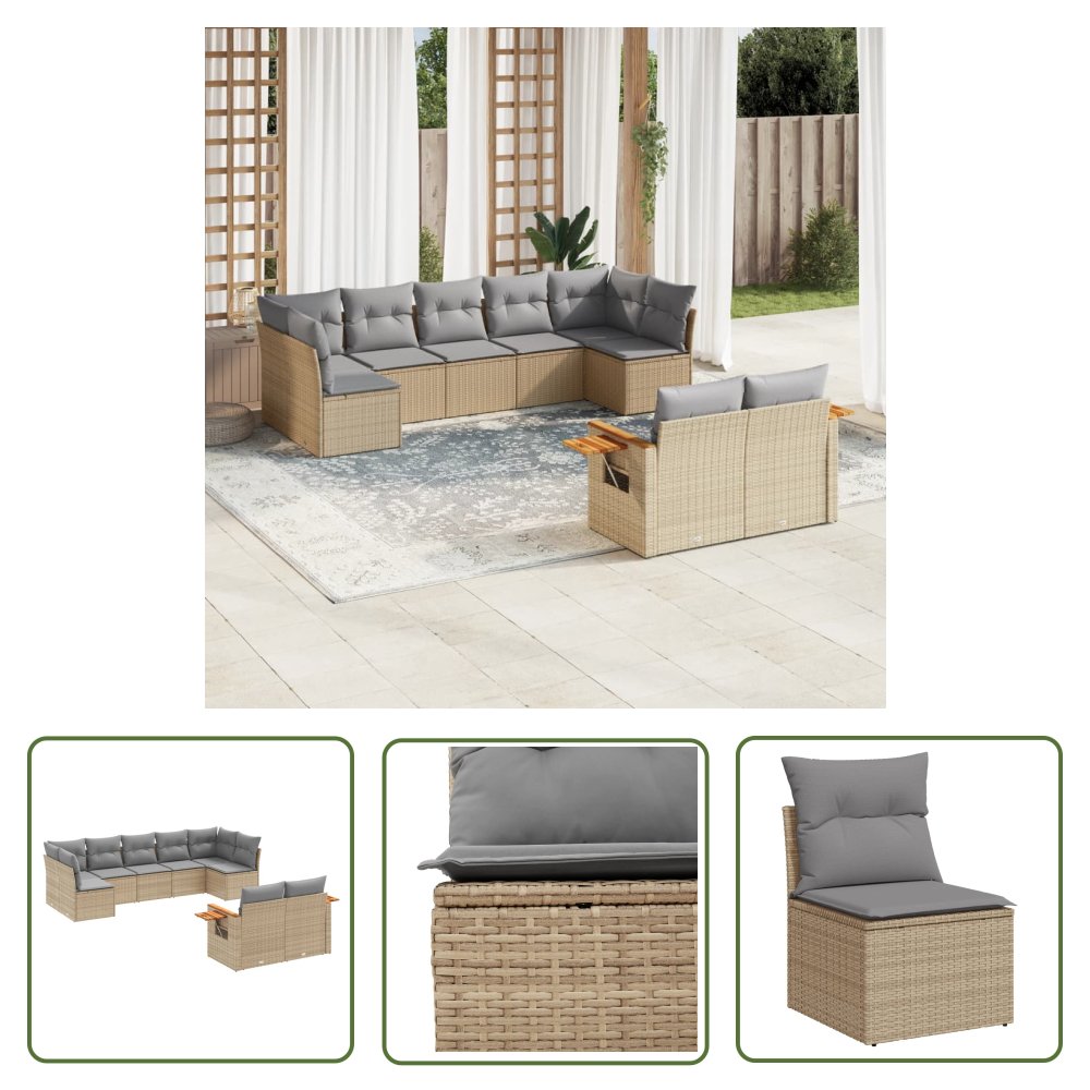 The Living Store 9-cz. zestaw mebli ogrodowych z poduszkami - beżowy - polirattan - Sofa Ogrodowa