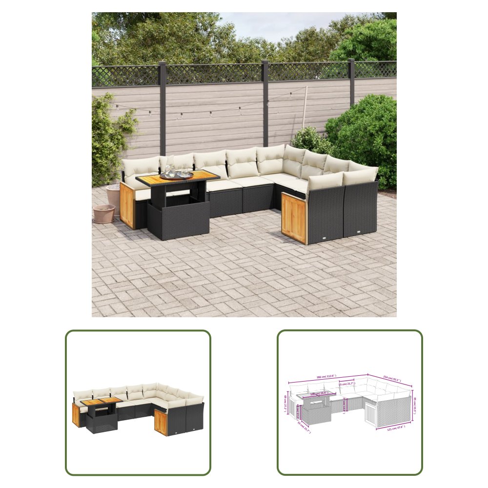 The Living Store 10-cz. zestaw wypoczynkowy do ogrodu - poduszki czarny rattan PE - Sofa Ogrodowa