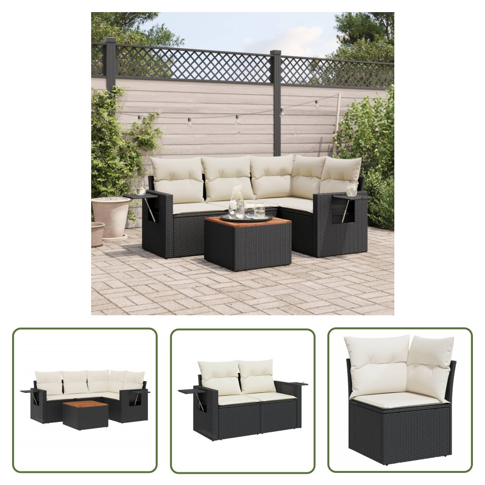 The Living Store 5-cz. zestaw wypoczynkowy do ogrodu - poduszki - czarny rattan PE - Sofa Ogrodowa