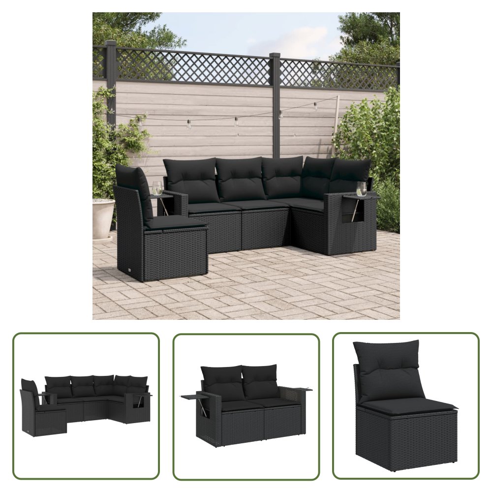 The Living Store 5-cz. zestaw wypoczynkowy do ogrodu - poduszki - czarny rattan PE - Sofa Ogrodowa